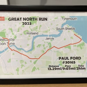 Personalised Great North Run Strava Map, Print, Half Marathon, framed, running, gift, his, hers