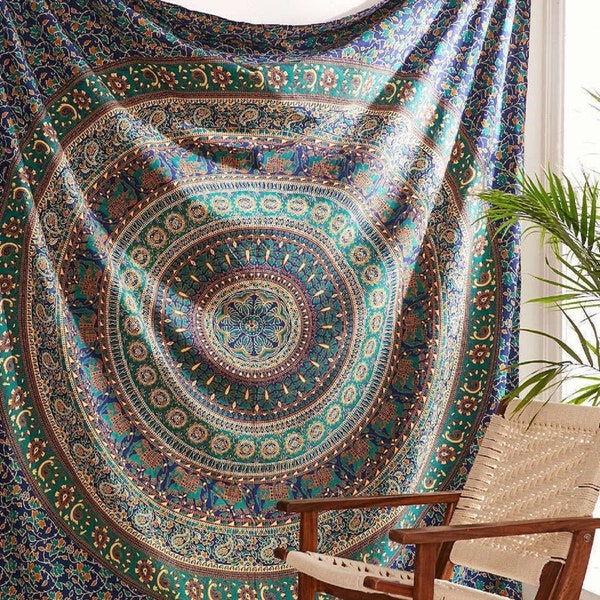 Großer Boho Indischer Wandbehang Mandala Tapisserie, 100% Baumwolle Handgefertigte Handgemachte Tagesdecke Tischdecke Wohnheim Dekor Hippie Boho Elefant