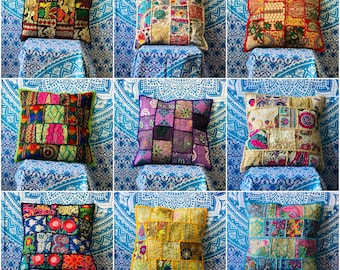 Patchwork Khambadiya Cushion Cover Pillow Cotton with Sequin & Beads Indian Bohemian Throw Couch Sofa Cover Handmade Décor Boho Pillows