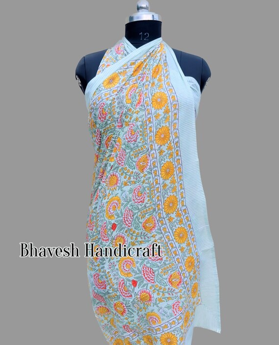 Bohemian Pareo Wrap Block Printed Sarong Neck Hea… - image 5