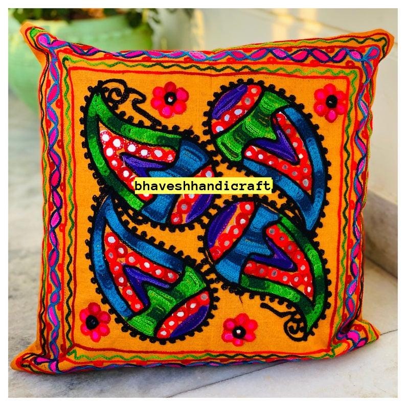 Embroidery Boho Throw Pillow | Decorative Pillow Cover 16x16 | Colorful Couch Pillow | Indian Cushion Cover VH-08