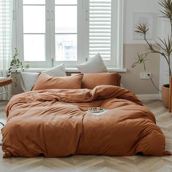 Rust Brown washed Cotton duvet cover / 3pcs set Cinnamon duvet cover / Christmas gift / tobacco comforter cover