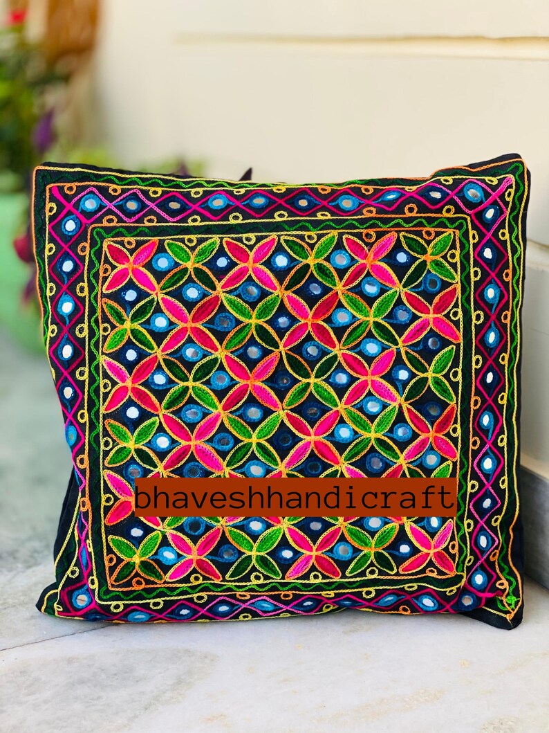Embroidery Boho Throw Pillow | Decorative Pillow Cover 16x16 | Colorful Couch Pillow | Indian Cushion Cover VH-05