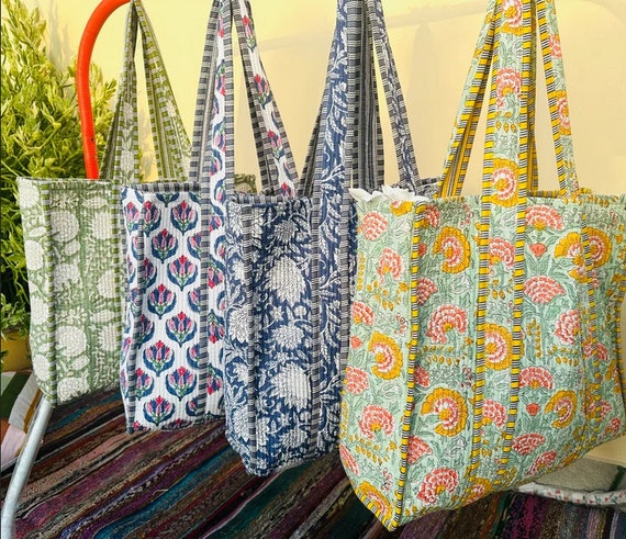 Large Tote weekend Bags/ Cotton Indian Quilted Large Size Tote Bag, Grocery Shopping Bag, Floral Block Print Tote Bag, Ethnic Handmade Bag