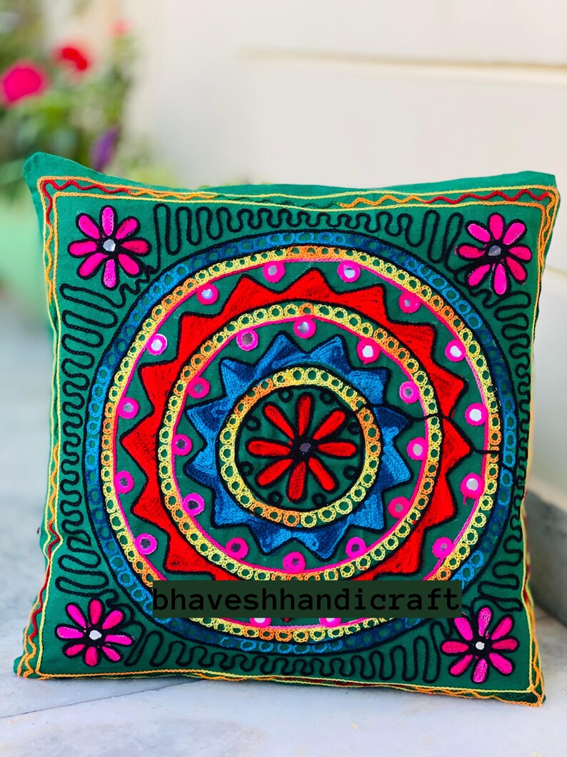Embroidery Boho Throw Pillow | Decorative Pillow Cover 16x16 | Colorful Couch Pillow | Indian Cushion Cover VH-04