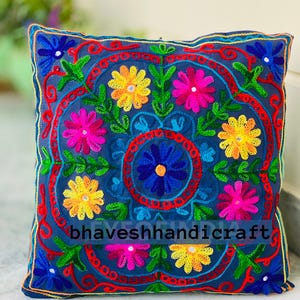 Embroidery Boho Throw Pillow | Decorative Pillow Cover 16x16 | Colorful Couch Pillow | Indian Cushion Cover VH-02