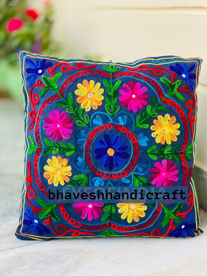 Embroidery Boho Throw Pillow | Decorative Pillow Cover 16x16 | Colorful Couch Pillow | Indian Cushion Cover VH-02