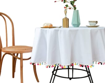 Runde Tischdecke, Tischdecke, Baumwolltischdecke, Boho-Chic-Tischdecke mit Quaste, Küchentischdecke im mediterranen Stil, rustikale