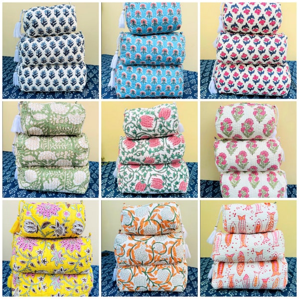 Quilted cosmetic bag - Block print bags - Toiletry make up organizer bags - Block print Toiletry bag colorful - Bulk gifts women - Pouch bag