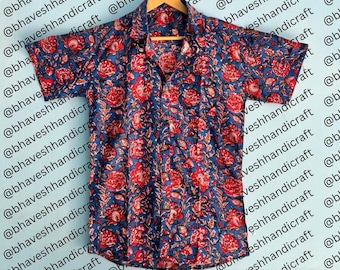 Camicia da uomo in puro cotone, stampata a mano in stile indiano, rilassata, estiva, fresca e comoda, da giardino, da spiaggia, da picnic e da festa, per lui.