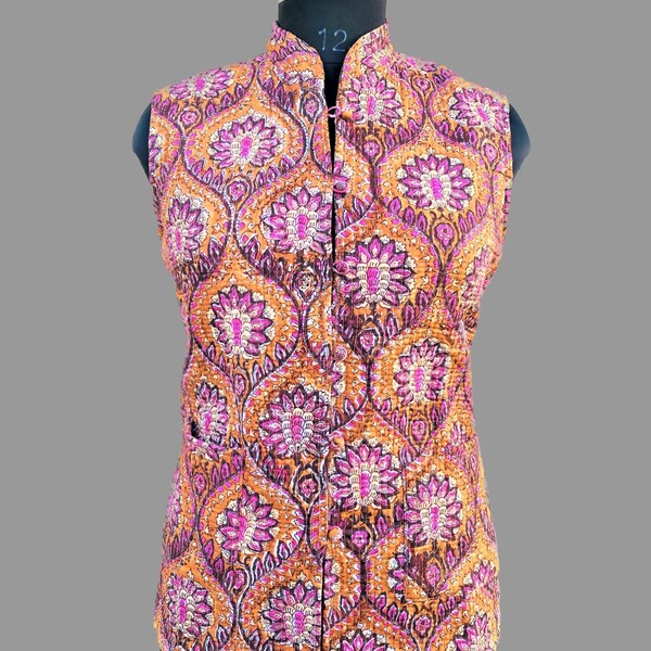 Reversible hand block print cotton quilted jacket coatJacket, Cotton Sari Kantha Coat, Short Jacket