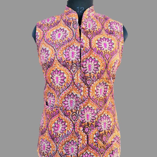 Reversible Hand Block Print Baumwolle gesteppte Jacke MantelJacke, Baumwolle Sari Kantha Mantel, kurze Jacke