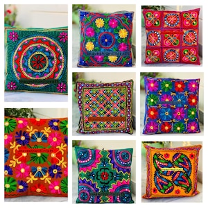 Embroidery Boho Throw Pillow | Decorative Pillow Cover 16x16 | Colorful Couch Pillow | Indian Cushion Cover image 1