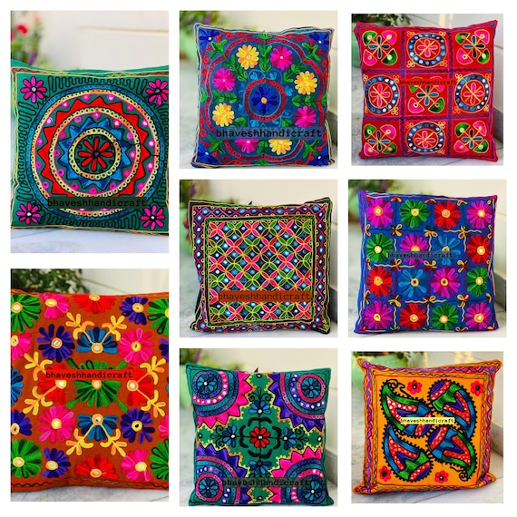 Embroidery Boho Throw Pillow | Decorative Pillow Cover 16x16 | Colorful Couch Pillow | Indian Cushion Cover