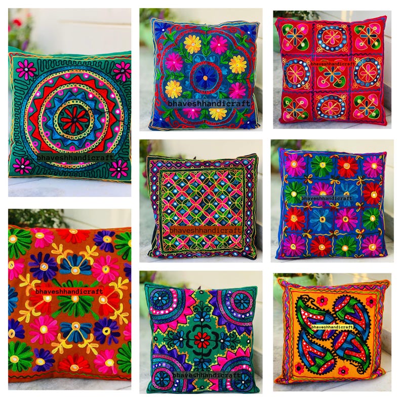 Embroidery Boho Throw Pillow | Decorative Pillow Cover 16x16 | Colorful Couch Pillow | Indian Cushion Cover image 1