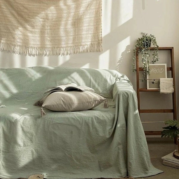 Housse de canapé en coton vert sauge, housse en coton, housse de canapé naturel, jeté de canapé en coton, grand couvre-lit en coton, couvre