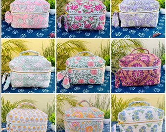 Makeup Bags/ Vanity Bag/ Cosmetic Pouch For Women/ Travel Makeup Accessory Oraganizer/ Cotton Hand Block Print Toiletry Case/Bridesmaid Gift