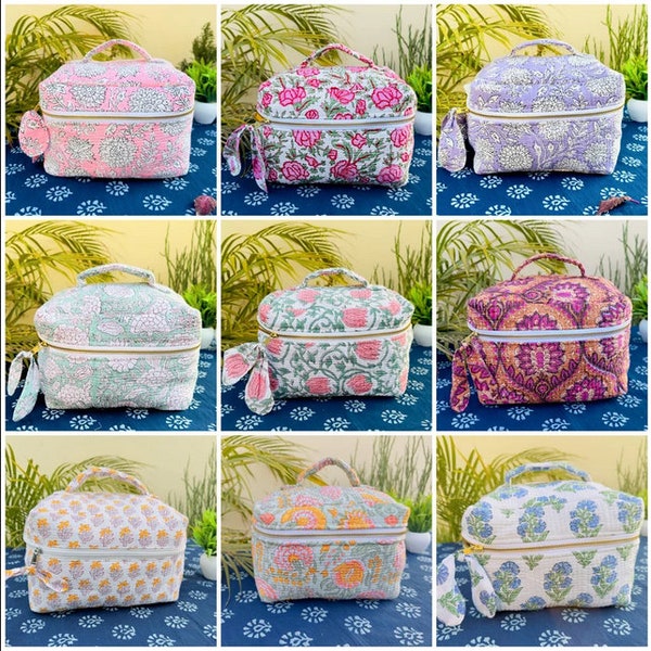 Makeup Bags/ Vanity Bag/ Cosmetic Pouch For Women/ Travel Makeup Accessory Oraganizer/ Cotton Hand Block Print Toiletry Case/Bridesmaid Gift