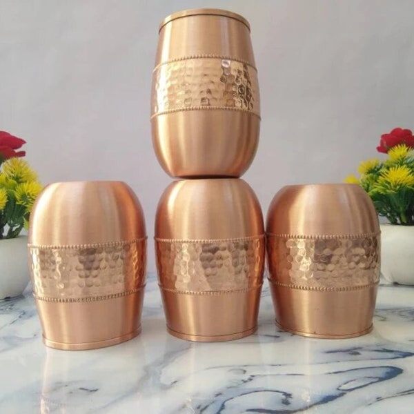 100% Pure Copper Tumbler Set Drinkware And Severing 4 Pcs Set Copper Water Glass Good Health Benefits, 250 ML Each Copper Glasses