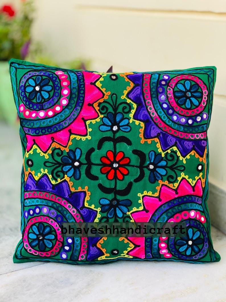 Embroidery Boho Throw Pillow | Decorative Pillow Cover 16x16 | Colorful Couch Pillow | Indian Cushion Cover VH-01