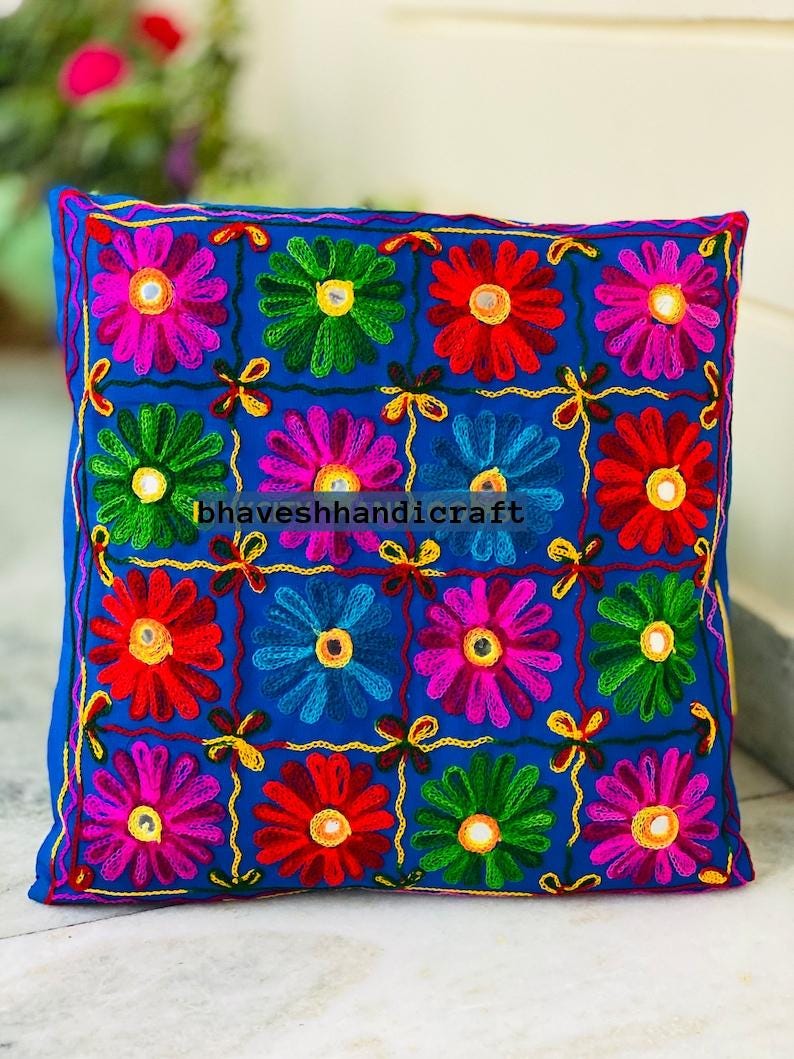 Embroidery Boho Throw Pillow | Decorative Pillow Cover 16x16 | Colorful Couch Pillow | Indian Cushion Cover VH-03