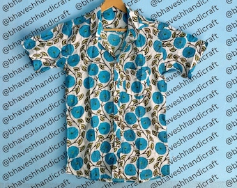 Camicia da uomo in puro cotone con stampa a blocchi, leggera, stampata a mano con tinture naturali, camicia con stampa a blocchi, camicia casual alla moda per feste.