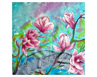 Hand-Painted Silk Scarf with Magnolias, Batik Art (16" Square)