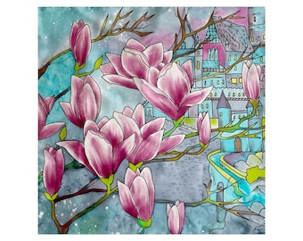 Hand-Painted Silk Scarf with Magnolias, Batik Art (16"x16")