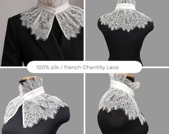 100% Silk Detachable Collar, French Chantilly Lace Neck Accessory, Black White