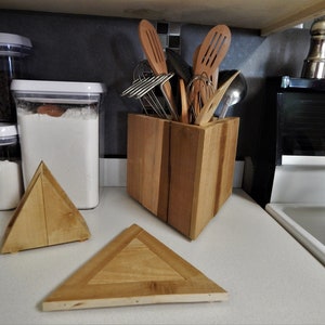 Retro Looking Rustic Kitchen Utensil Holder, Trivet, and Napkin Holder Set