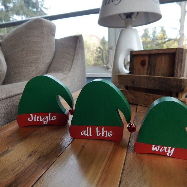 Wooden Elf Hat "Jingle All The Way" Shelf Decoration- Set of 3