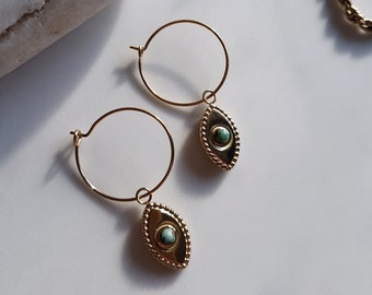 IRMA women's earrings with eye and African turquoise, semi-precious natural stones in gold stainless steel