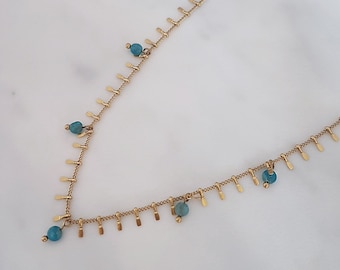 Women's necklace MARINE fine with tassels ears and aquamarine semi-precious natural stones in stainless steel gold