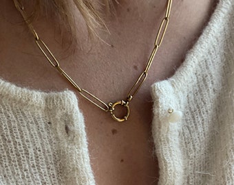 Women's necklace CHARLIE with buoy clasp and wide links in gold stainless steel