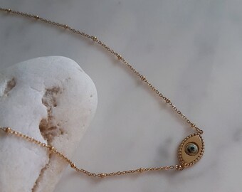 Women's necklace IRMA eye and natural stones semi-precious turquoise African stainless steel gold