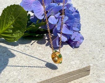 Gold-tone stainless steel ring necklace, green zircon pendant, minimalist women's jewelry, gift for women