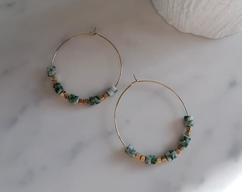 Women's earrings ESTHER Creoles and natural stones Green jade in gold stainless steel