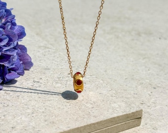 Gold-tone stainless steel ring necklace, red zircon pendant, minimalist women's jewelry, gift for women