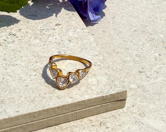 Gold-Plated Stainless Steel Ring with 5 White Heart-Shaped Zirconia Stones, Women's Jewelry, Gift for Women