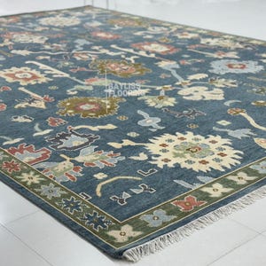 Hand-Knotted New Zealand Wool Oushak Rug: Grey Blue Floral Area Rug