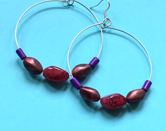 Handmade upcycled purple hoop earrings with reclaimed vintage beads | limited edition sustainable jewellery in plastic free packaging