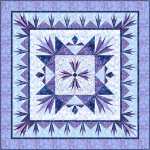 Puede incluir: Una colcha azul y morada con un patrón geométrico. La colcha está hecha de cuadrados y triángulos, y tiene un fondo blanco. La colcha está bordeada con un borde azul.