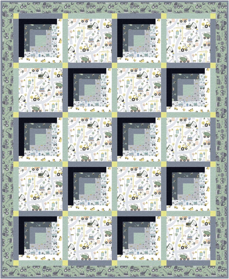 May include: A quilt with a construction theme. The quilt is made up of squares with a pattern of construction vehicles and equipment. The squares are arranged in a log cabin pattern, with each square being a different color. The quilt is bordered with a green and yellow border.