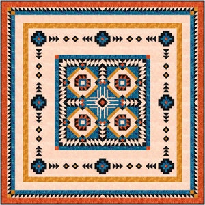 May include: A square quilt with a geometric pattern in shades of blue, orange, black, and white. The quilt has a border of orange, black, and white.