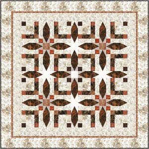 Könnte beinhalten: Ein quadratischer Quilt mit einem sich wiederholenden geometrischen Muster in Braun-, Creme- und Rosttönen. Das zentrale Design zeigt sternartige Formen und ineinandergreifende Quadrate. Der Rand hat ein Blumenmuster.