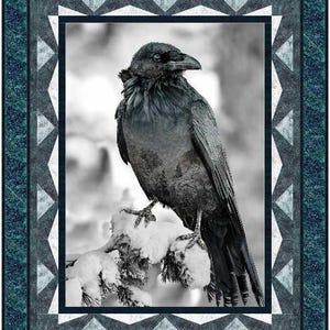 May include: A black raven perched on a snow-covered branch. The raven has a dark, feathery body and a sharp beak. The background is a blurred, black and white image of a forest.