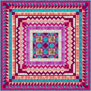 Op de afbeelding: Een kleurrijk quilt met een vierkant ontwerp. De quilt heeft een centraal vierkant met teal en magenta ruitpatronen, omgeven door lagen van bedrukte stof in roze, teal en oranje tinten. De randen zijn afgezet met teal driehoeken.