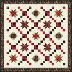 May include: A quilt pattern with a white background and a repeating pattern of red and green stars, black and red squares, and green and red diamonds.