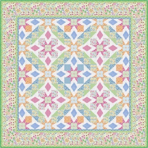 May include: A quilt with a patchwork design featuring a variety of floral patterns in shades of pink, blue, green, and orange. The quilt is framed by a border of green and white floral print.