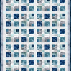 May include: A quilt pattern with a grid of blue, gray, and white squares. The squares have different patterns, including plaid, clouds, and trees.